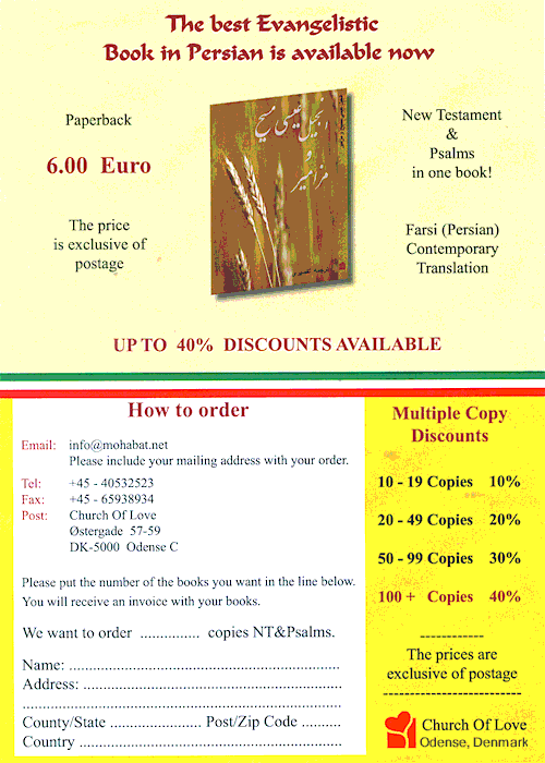 Injil Tafsiri and Psalms Order Form, Persian New Testament and Psalms Order Form from Iranian Church of Denmark