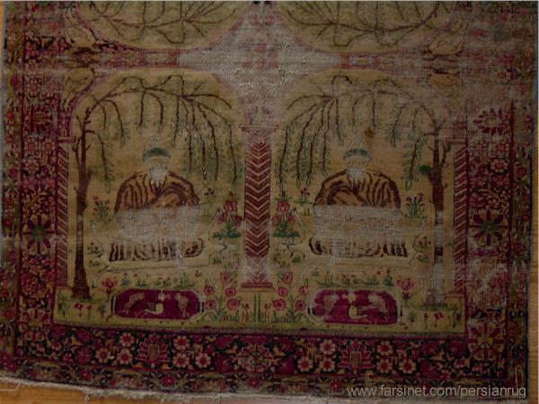 Kerman laver Antique Persian Rug Closeup, Portrait of Four Sufi masters in Prayer garmet, Sufi darvish Portraits