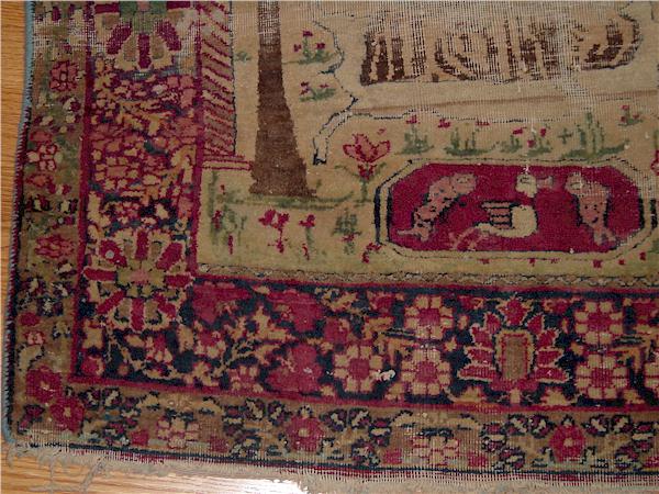 Kerman laver Antique Persian Rug Closeup, Portrait of Four Sufi masters in Prayer garmet, Sufi darvish Portraits